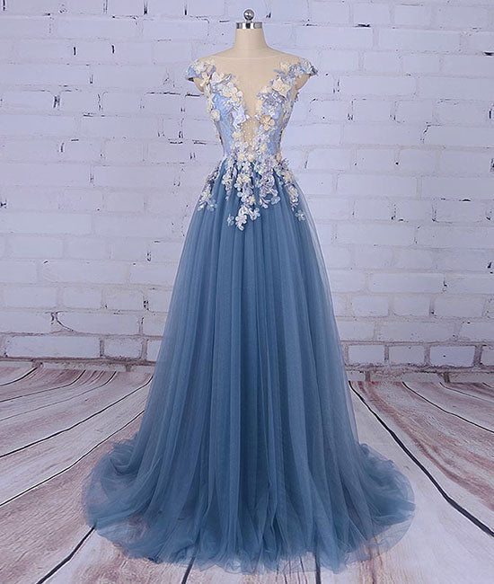 Unique round neck applique tulle long prom dress, tulle evening dress