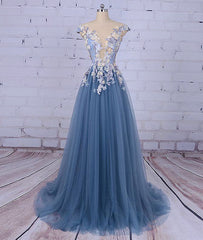 Unique round neck applique tulle long prom dress, tulle evening dress