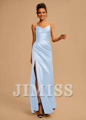 Bodycon/straight V-neck floor-length pleated satin prom dress