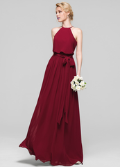 A-line low round neck bow floor mopping chiffon bridesmaid dress