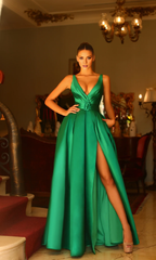 Jimiss A-line deep V-neck off shoulder side slit and floor length evening dress
