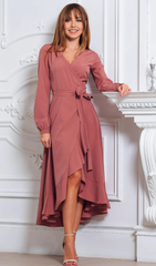 A-line V-Neck Long Sleeve Tea Length Cocktail Dress Bridesmaid Dress Formal Dresses for Wedding Guest Mother of the Bride Dresses