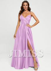 A-line V-neck floor-length satin prom dress
