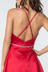 Beaded waistband short satin A-line dress