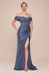Off shoulder satin side slits and floor length godons evening dresses