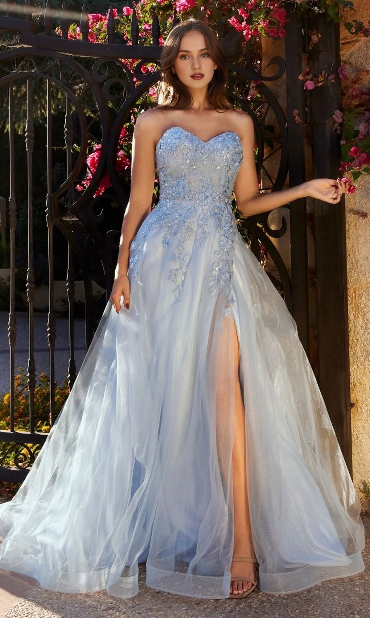 A-line strapless sweetheart flower decal embroidery Prom dress