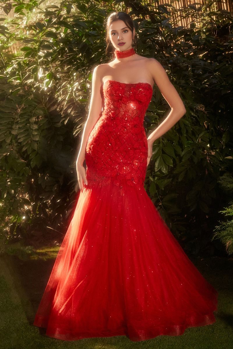 Red strapless lace up back mermaid and floor length Prom dress