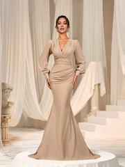 Mermaid layered collar lantern sleeves chiffon and floor length formal dress