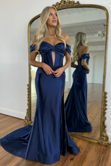 Jimiss off shoulder pleated satin ball gown with high side slit and trailing evening gown