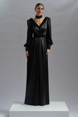 Deep V-neck satin long sleeved and floor length evening gown