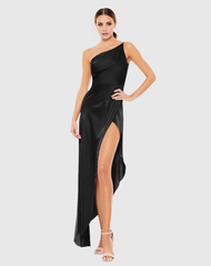 One shoulder draped satin sleeveless slit floor-length evening dress