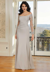 Off shoulder collar dreamy long sleeved crepe and floor length godons evening dresses
