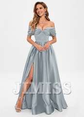 A-line pleated off-the-shoulder floor-length satin prom dress