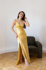 Jimiss slim shoulder strap V-neck side slit and floor length Prom dress