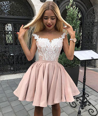 Cute pink lace short prom dress, pink homecoming dress