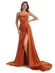 Sexy and soft satin side slit thin shoulder strap long fish tail bridesmaid dress