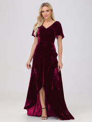 V-neck short sleeved ruffled velvet and floor length bridesmaid dress