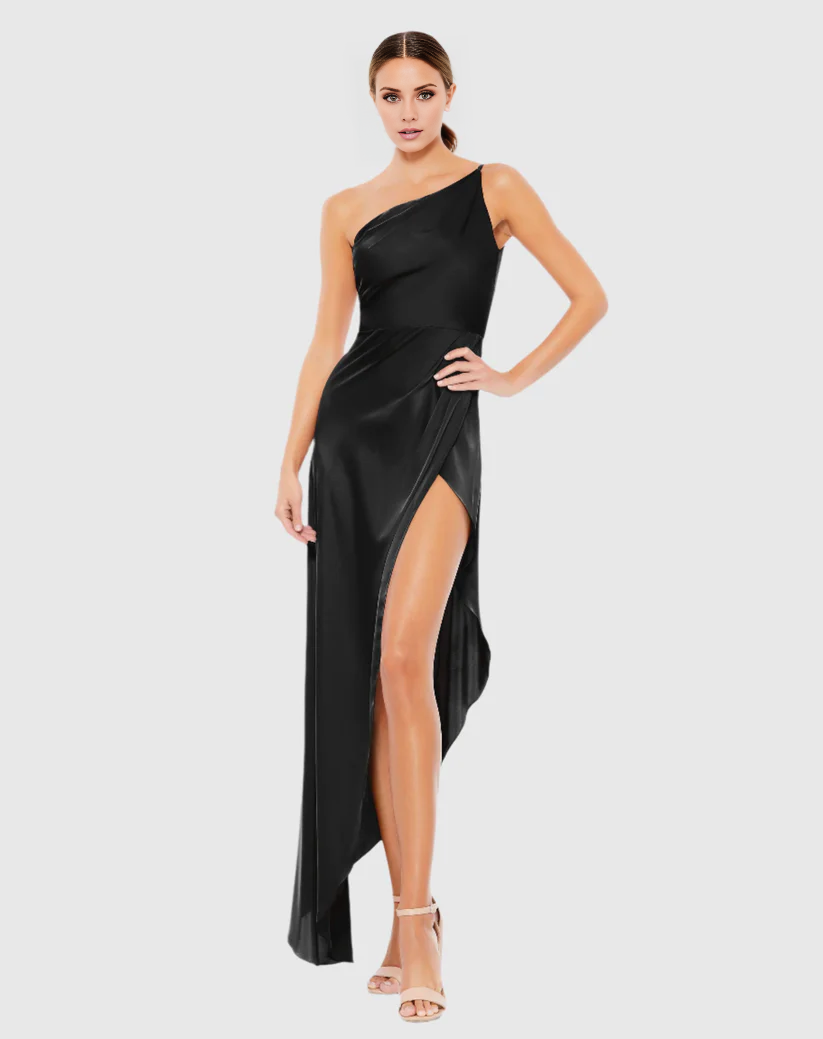 One shoulder draped satin sleeveless slit floor-length evening dress