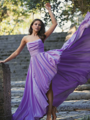 Strapless sleeveless pleated high-low skirt floor-length evening dress