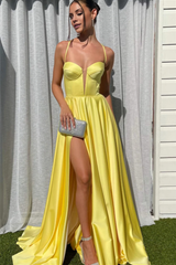 Jimiss thin shoulder strap yellow A-line slit long Prom dress