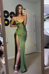 Jimiss V-neck emerald green high slit long dress