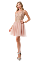 Beaded short one shoulder dress paired with A-line skirt