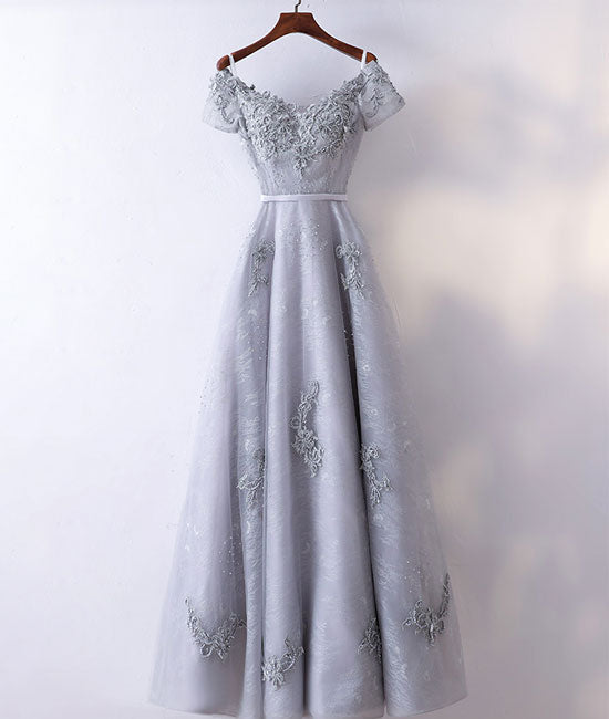 Gray v neck tulle lace applique long prom dress, lace evening dress