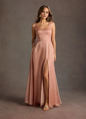 Jimiss square neckline satin side slit backless and floor length Prom dress