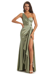 Elegant and soft satin side slit one shoulder unique fish tail bridesmaid dress