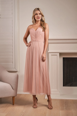 Soft chiffon A-line off shoulder V-shaped ruffled mid length bridesmaid dress