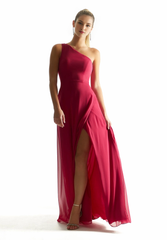 A-line single shoulder collar chiffon pleated scarf backless bridesmaid dress