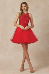 Lace applique short illusion hanging neck dress