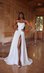 Perfect satin strapless A-line lace up vest tight corset slit wedding dresses