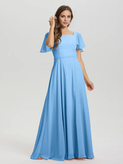 A-line square collar ruffled short sleeved and ground chiffon/ground length bridesmaid dress