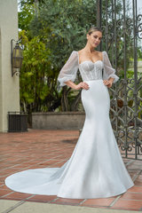 Satin slim fit trumpet bead transparent bubble sleeves and floor length wedding dress