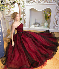 Unique burgundy tulle long prom dress, burgundy evening dress