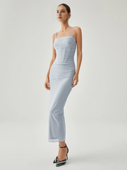 Ribbed hanging slit mesh vest long gowns even dresses