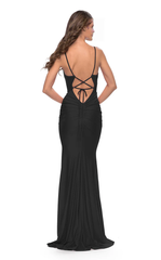 Deep V-neck tight corset with sleeveless thin shoulder straps and floor length Prom dress