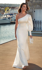 One shoulder straight tube cuff with button wedding dress