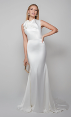 Satin high neck slim fit trumpet shaped back closed wedding dress