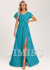 Ruffled A-line V-neck Floor-length Chiffon Bridesmaids Dress
