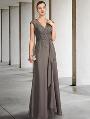 Aimishang A-Line Mother of the Bride Dress Elegant V Neck Floor Length Chiffon Lace Cap Sleeve with Sash / Ribbon Appliques
