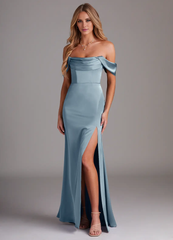 Off Shoulder Side Split Satin and Floor length Bridesmaid Dress - Jimiss Dress