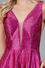 Beaded short sleeveless deep V-neck dress