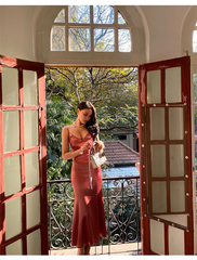 Jimiss V-neck sleeveless thin shoulder strap and floor length satin Prom dress