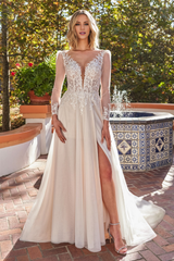 A-line high illusion V-neck long sleeved and floor length wedding dress