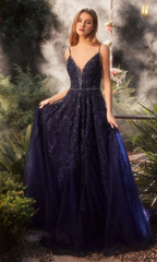 Elegant V-neck A-line backless navy blue Prom dress
