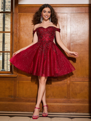 Off shoulder applique tight corset sheer Homecoming dress