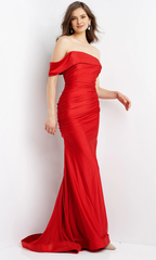Red off shoulder collar with single sleeves and floor length Prom dress
