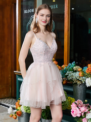 V-neck applique pleated chiffon short Homecoming dress